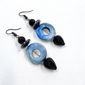 Blue Dyed Quartz & Hematite Black Beaded Bronze Tone Fishhook Earrings
